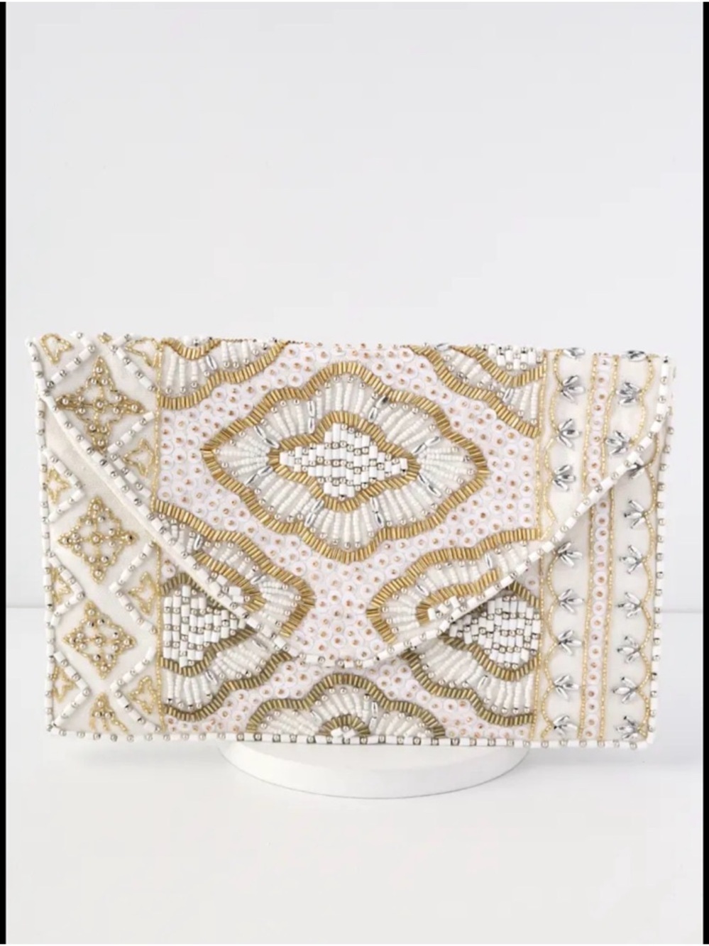 Lulu's White Beaded Envelope Clutch with Gold Accents